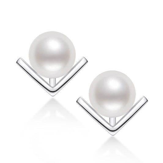 Luxury Sterling Silver V-Shaped Pearl Ear Studs - Women's Jewelry 2024