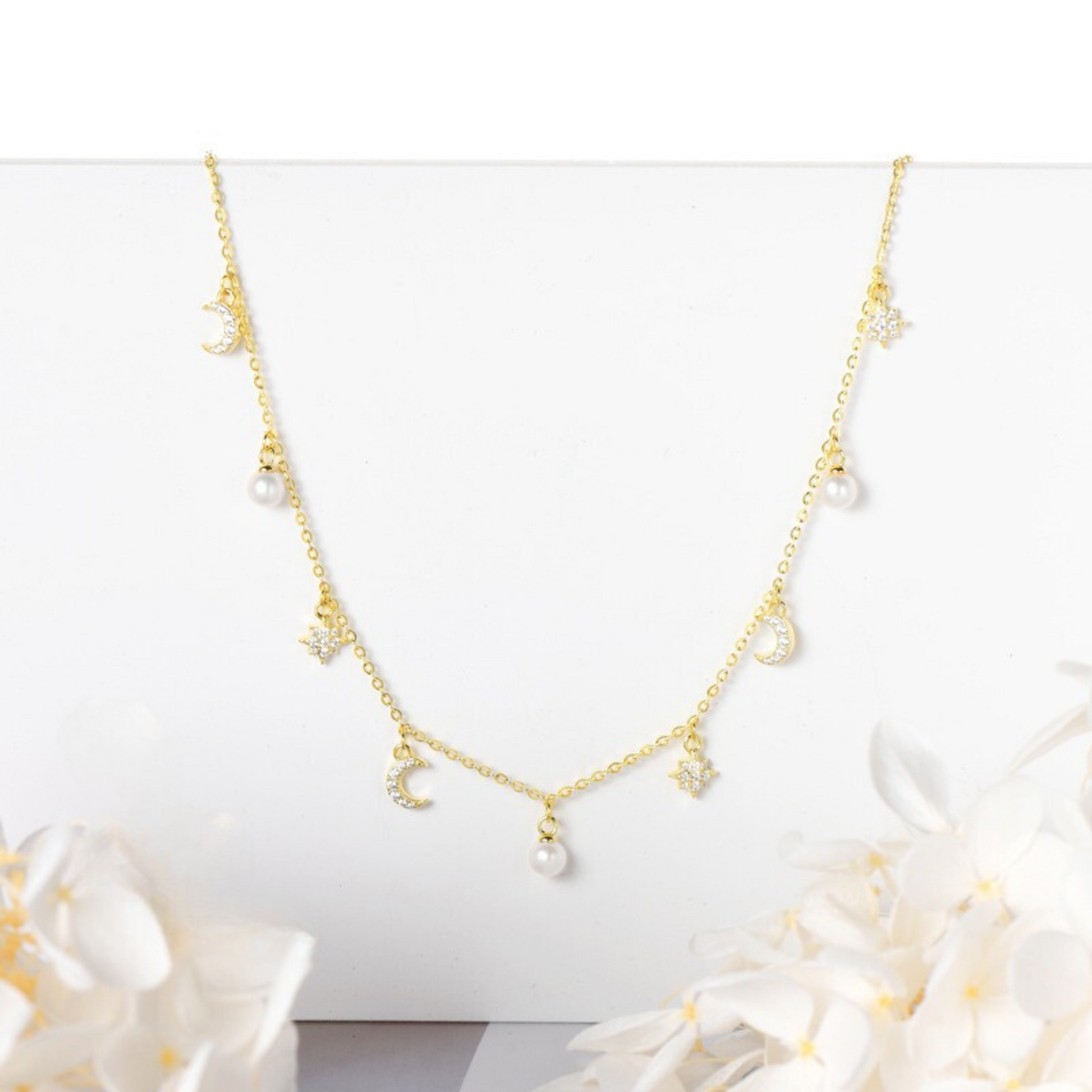 Luxury Sterling Silver Pearl Necklace with Celestial Charm